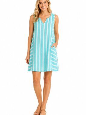 Sigrid Olsen Women's Mint Green Striped Linen Sleeveless Shift Dress